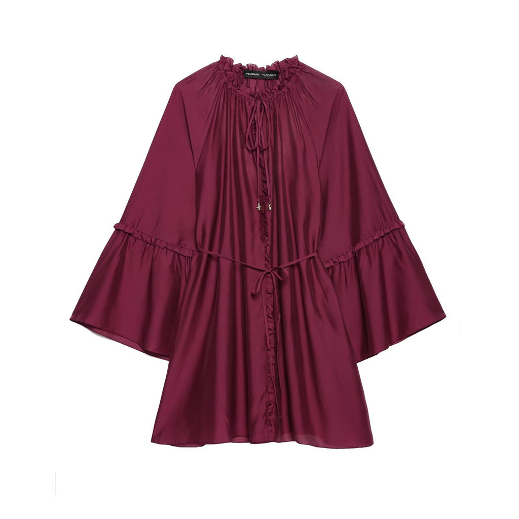 Waist folded flared sleeve dress with shirt style