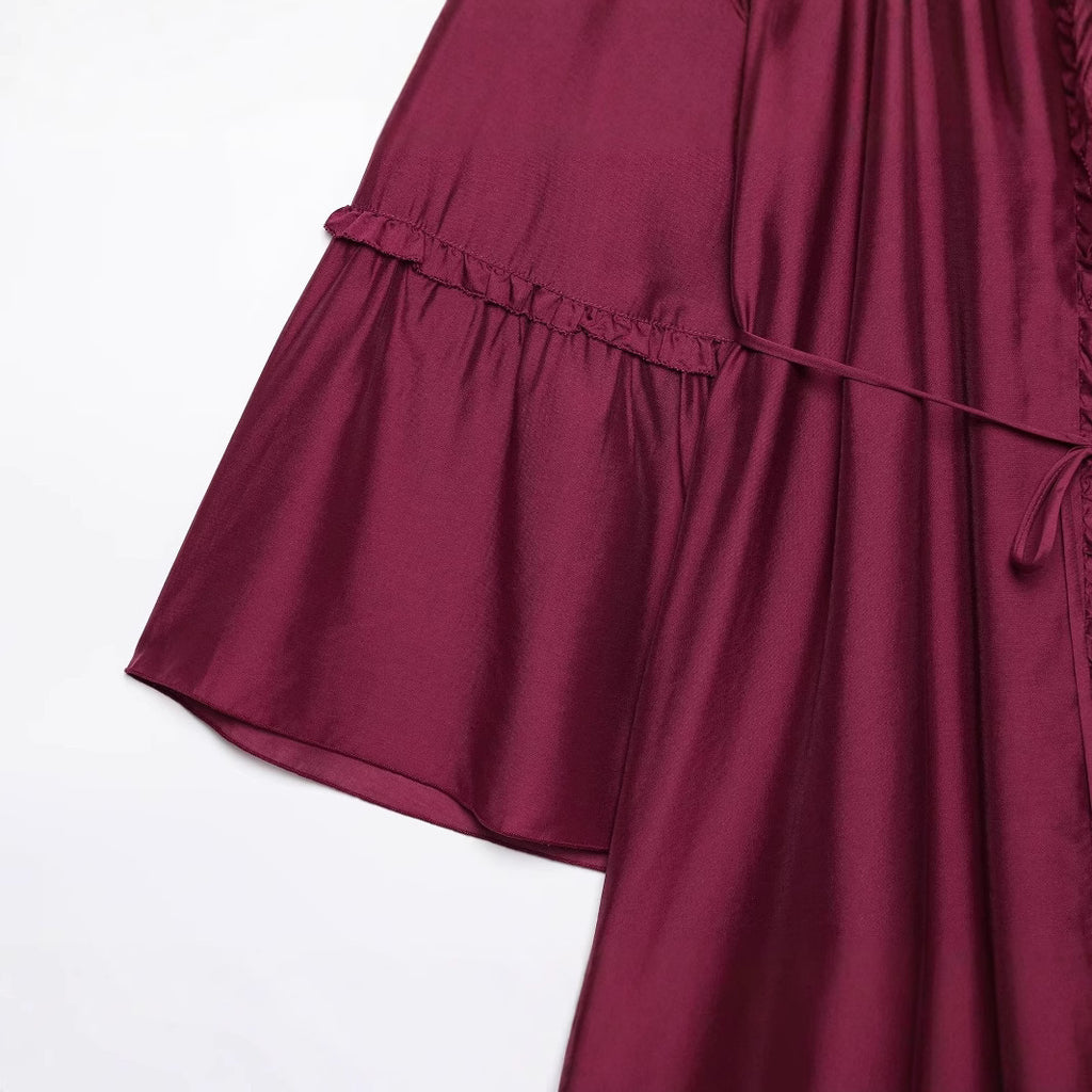 Waist folded flared sleeve dress with shirt style